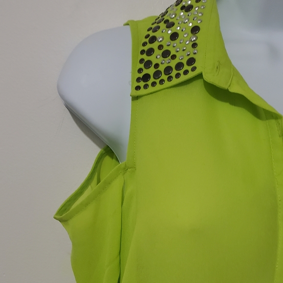 Bongo Ladies Blouse Cold Shoulder Size Large Green Studded Semi-Sheer - Picture 5 of 7